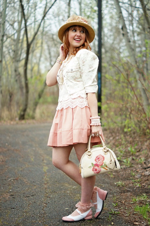 Winnipeg Fashion Blog, Canadian Fashion Blog, Madison Lane Handmade victorian style paper floral hat, Jessica Simpson cropped floral denim jean jacket, Arianne pink lace cami, Winners ISSI crochet lace tank, BCBG Max Azria Aria blush pink pleated a-line skirt, Juicy Couture terry floral embroidered bowler bag purse, Icing crochet floral gold chiffon chain necklace, Forever 21 flower enamel bracelet, The Shopping Channel pearl coil bracelet, Icing flower bracelets, Icing pink sheer ruffle socks, Fluevog pink white Fellowship Kathy saddle flat shoes